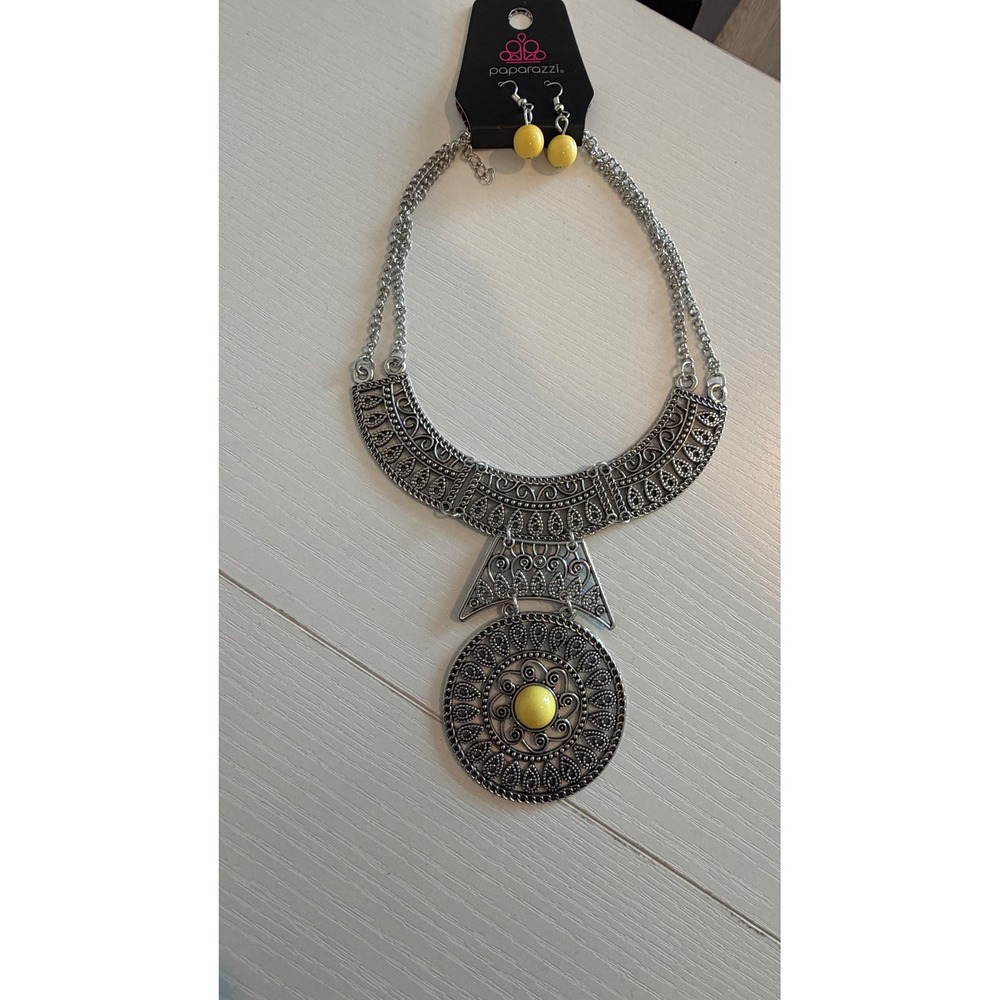 2 pcs Silver Tribal Bib Necklace Earring Set Yellow Bead Statement Jewelry